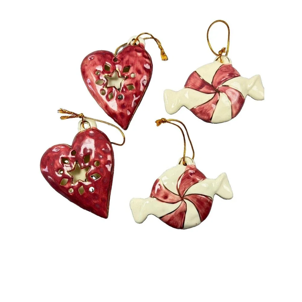 Vintage Ceramic Christmas Ornaments Set 4 Peppermint Candy Hearts Hand Painted